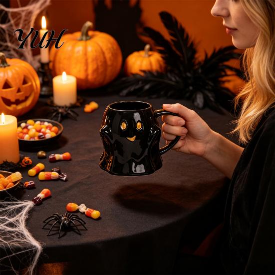 Spooky Coffee Mug for Office Halloween Ghost Ceramic Water Cup, Cute 3D Smiling Face Atmosphere Home Decor Mug, Decorative Drinkware Hot And