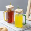Square Borosilicate Glass Cup with Handle Bamboo Lid and Straw Clear Drinking Glass for Home Office Gift Glass Water Cup