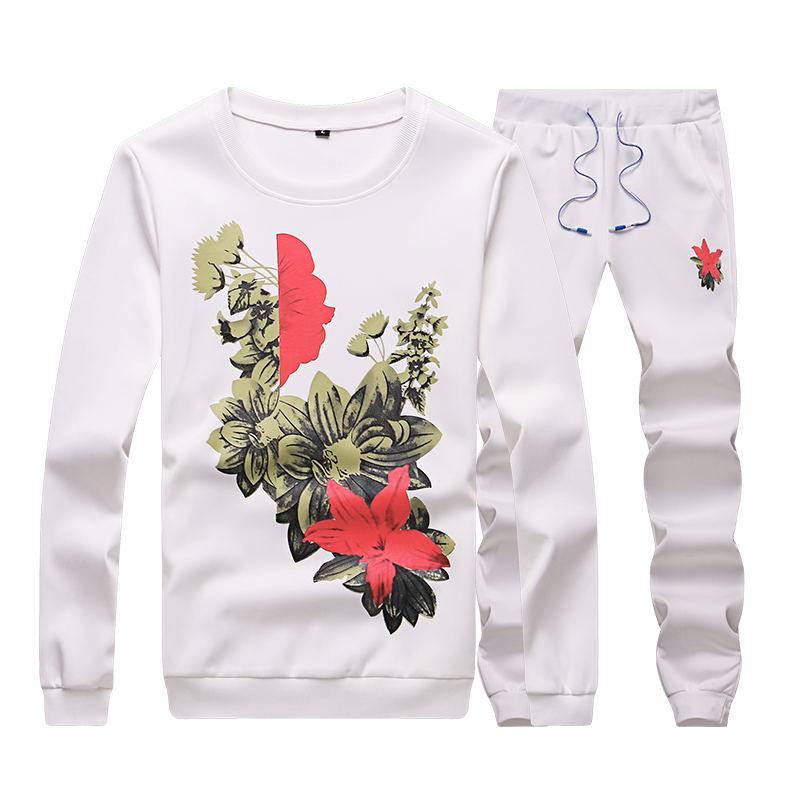 Autumn Men's Sportswear Set Pants Flower Printed Pullover Male Tracksuits