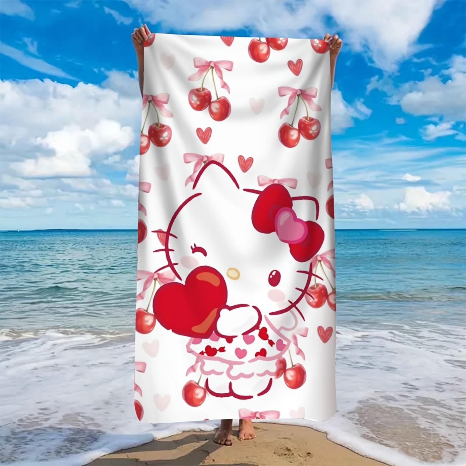Sanrio 1pc Cartoon Print Beach Towel,Hello Kitty Cherry Heart Pattern, Durable Material,Suitable for Yoga,Travel,Swimming 50x100cm