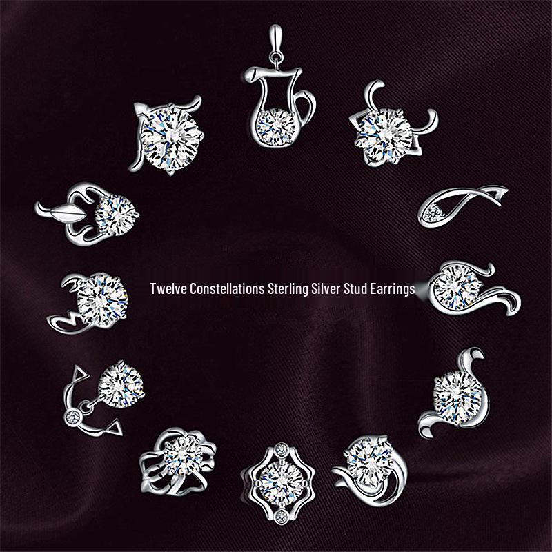 Temperament Women's Retro Zodiac Stud Earrings with Zircon Inlay - Hot-Selling European & American Fashion.