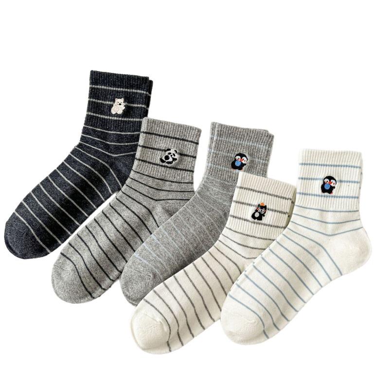 Ladies' Spring and Autumn Cartoon Embroidered Mid-calf Socks, Trendy and Versatile Striped Women's Socks, School Style