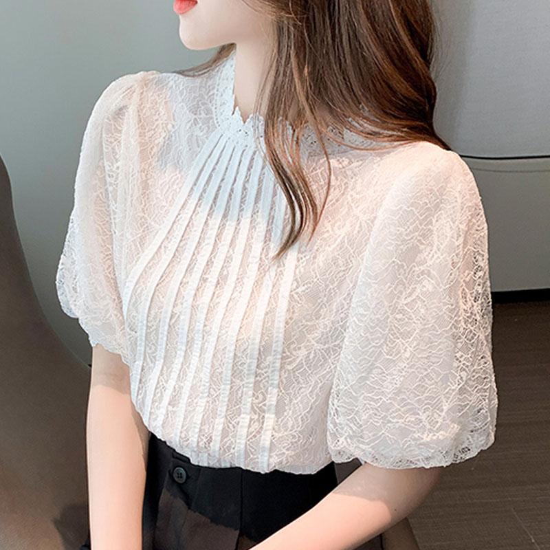 Fashion Summer Short Sleeve White Lace Blouse Shirt Women Tops