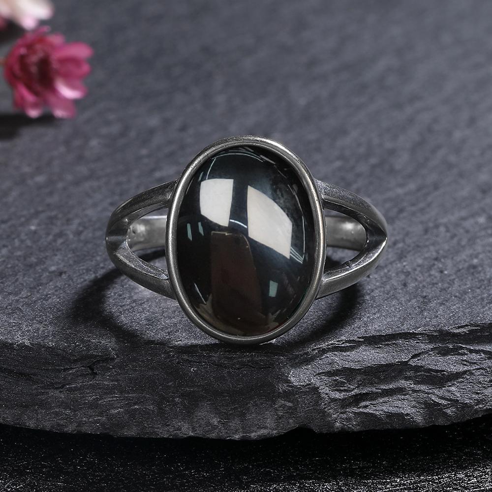 S Silver Ring for Women Oval Round Natural Black Agate Ring Gift Sun Shaped Retro Luxury Fine