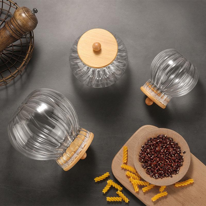Glass Pumpkin Jar 1600 ml Kitchen Spice Clear Pumpkin Jar With Bamboo Cover Beautiful Striped Lace Sealed Bottle