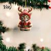 Christmas Car Rearview Mirror Accessories Santa Cat Ornament, Acrylic Hanging Decor with Backpack Charms Reindeer Antlers, 2D Cute Bag Charm