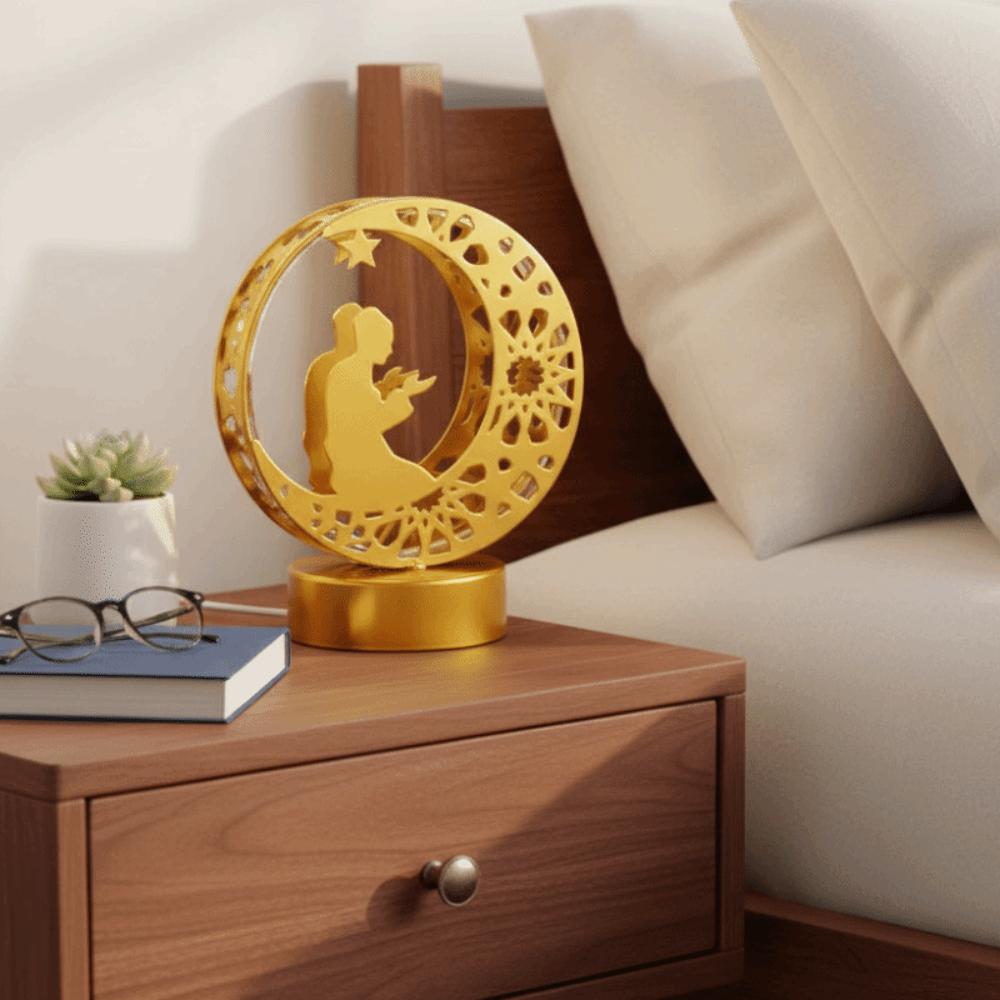 Gold Ramadan Night Light Crescent Pattern Ramadan Desk Ornament Moon Castle LED Light  Living Room