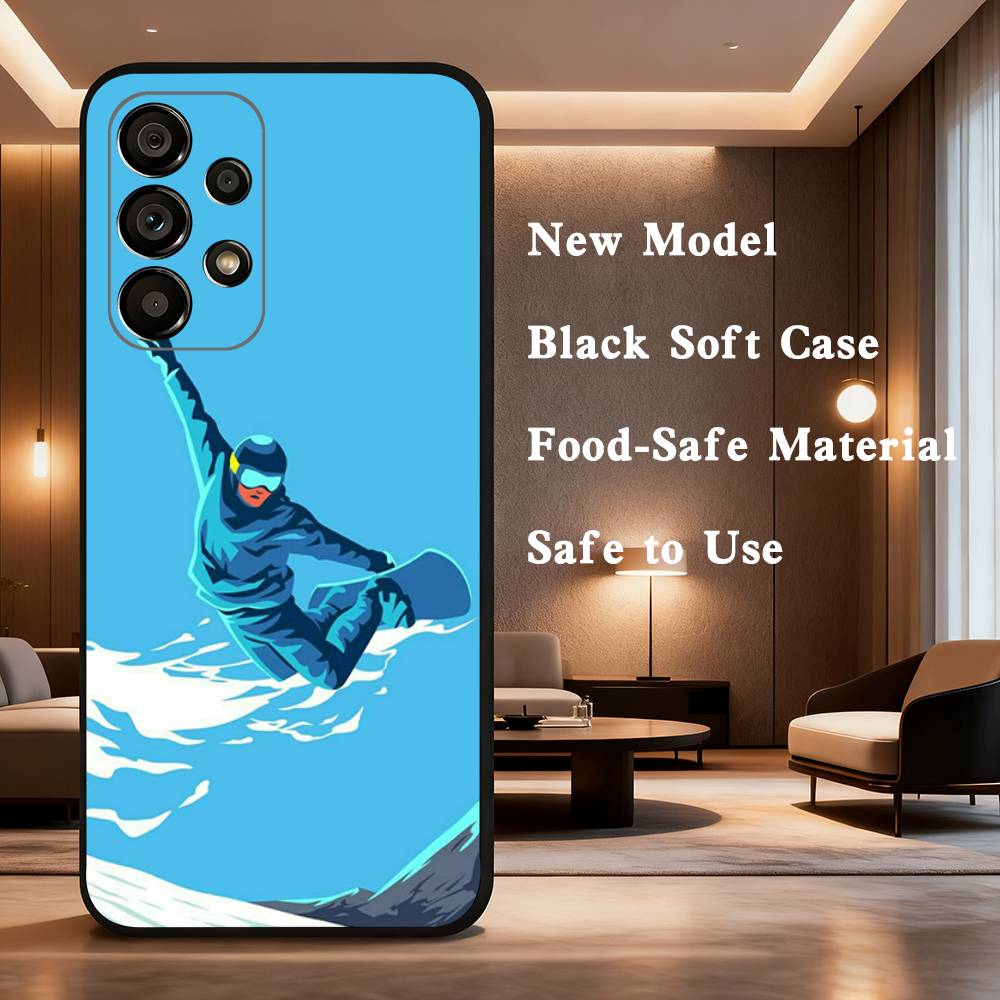 Sport Cartoon Snowboarding Case For Samsung Galaxy A73,52,71,53,32,72,41,J7,22,Note,31,8,9,Soft Black Silicone Cover