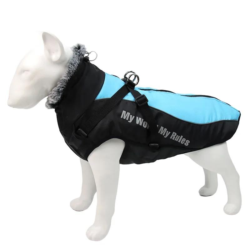 Roupas grandes à prova d'água para cães, casaco de inverno com arnês, gola peluda, quente, roupas para animais de estimação, jaqueta grande, labrador, buldogue