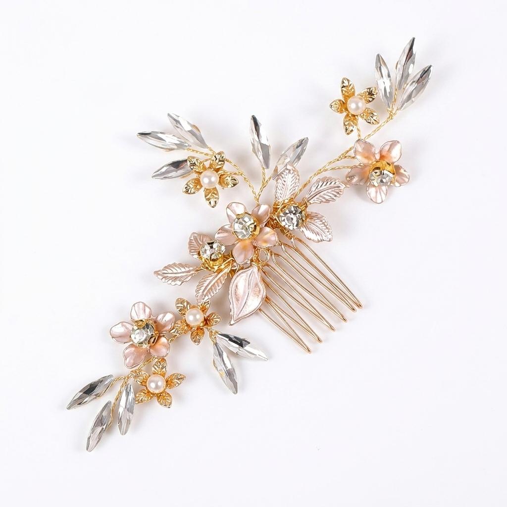 Pearl Leaf Hair Comb Alloy Base With Hand-made Decoration For Wedding