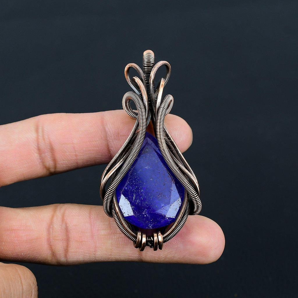Blue Sapphire Lab-Created Gemstone Handmade Pure Copper Wire Wrap Jewelry Pendant For Love