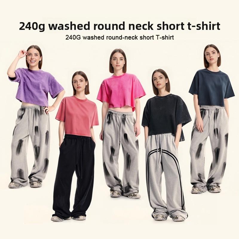 Streetwear Cotton Crop Top Tshirt For Women With Loose Fit And Retro Wash Effect