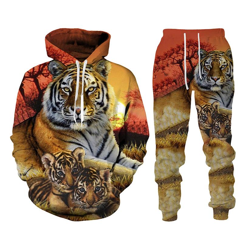 Tier Tiger 3D-gedrucktes Herren-Trainingsanzug-Set Lässiger Hoodie und Hose 2-teilige Sets Herbst Winter Mode Streetwear Herrenbekleidung Anzug