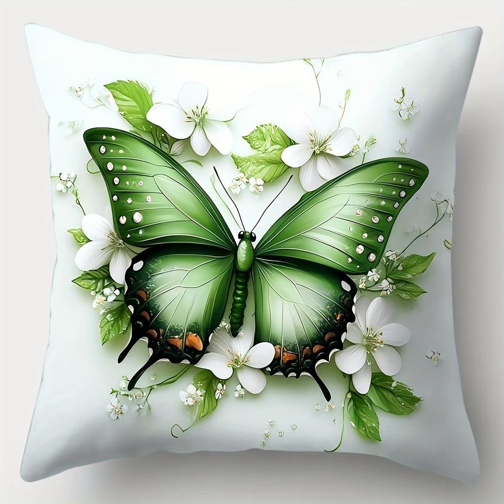 Vibrant Green Butterfly & Blossom PillowcasesLiving Room Sofa Cushion Cover, Soft and Comfortable, Bedroom Room Decoration