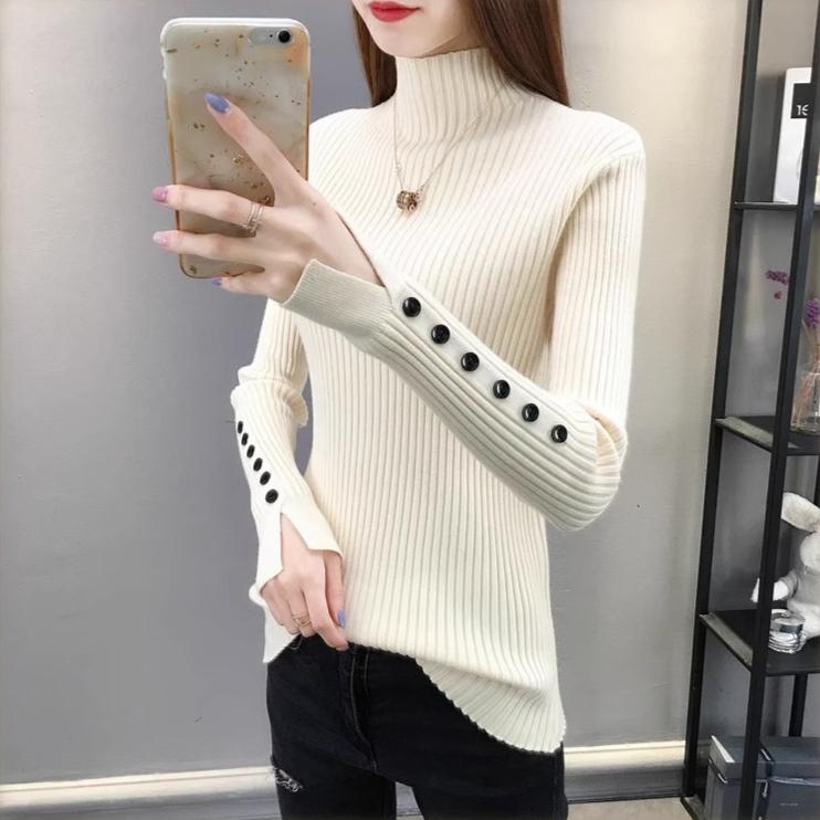 Half High Neck Sweater for Women Autumn and Winter Thick Slim Pullover Sweater Button Slit Sleeve Top Knitted Sweater for Women