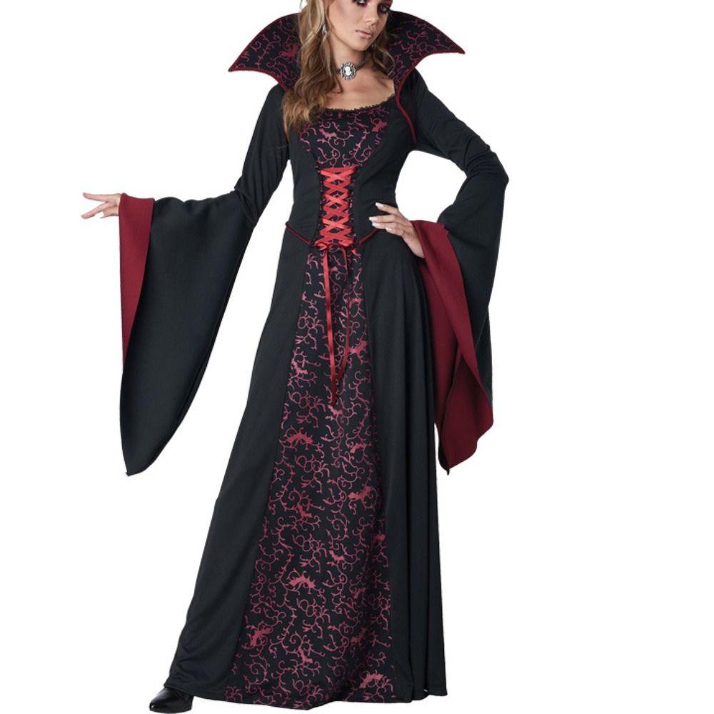 Lace Up Halloween Witch Long Dress Stand Collar Children Medieval Printed Dress  Kids