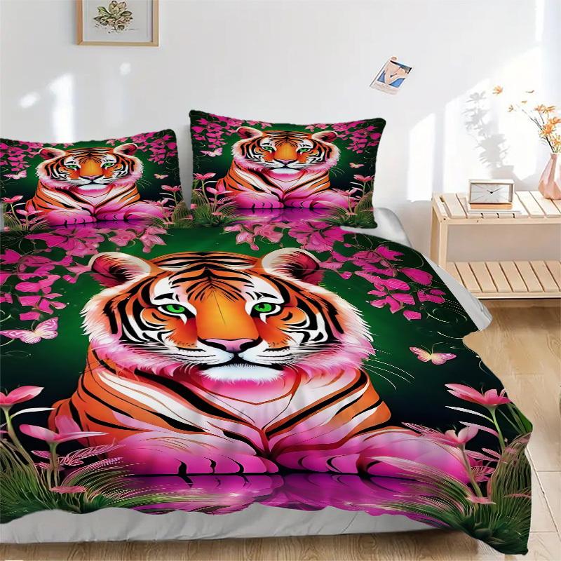 

3pcs Tiger, Floral Duvet Cover Set - Machine Washable, Includes 1 Cover and 2 Pillowcases, No Core Included yy251013014 135x200cm