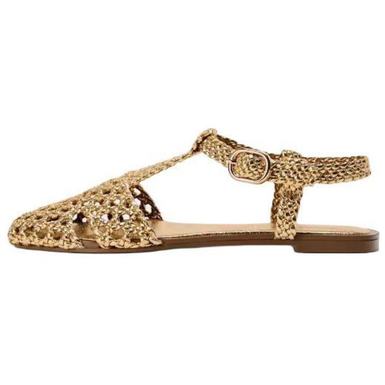 ZARA Woven Metallic Leather Slingback Flat Sandals Gold Womens 12505410091 39