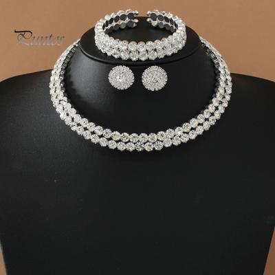 3 Pcs/Set Women Jewelry Set Rhinestone Double-layered Floral Decor Necklace Earrings Bracelet Set Adjustable Length Bride Wedding Jewelry for Prom