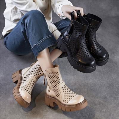 Stivali da Donna Retro in Vera Pelle con Zip Laterale e Trafori, Suola Spessa e Tacco Grosso