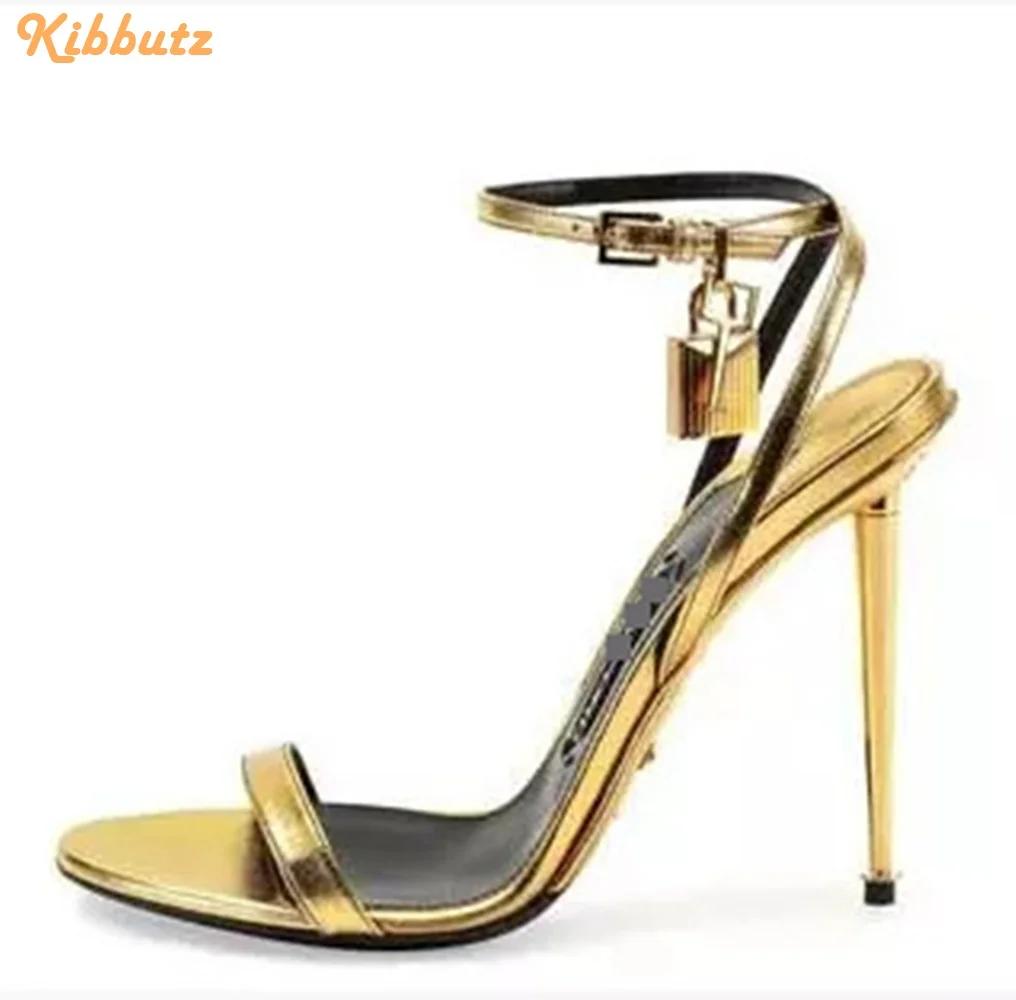Fashion Metallic Heel Lock Ankle Strap Sandals Round Toe Slingback One Word Belt High Heels Stiletto Heel Women Fashion Sandals Padlock