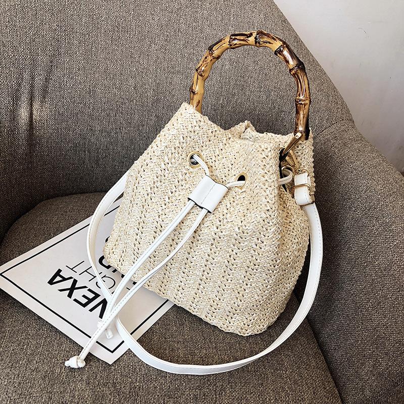 Travel Straw Women s Bag Summer Beach New Bamboo Handle Raffia Bucket Bag Woven Drawstring Single Shoulder Crossbody Handbag Sac бежевый