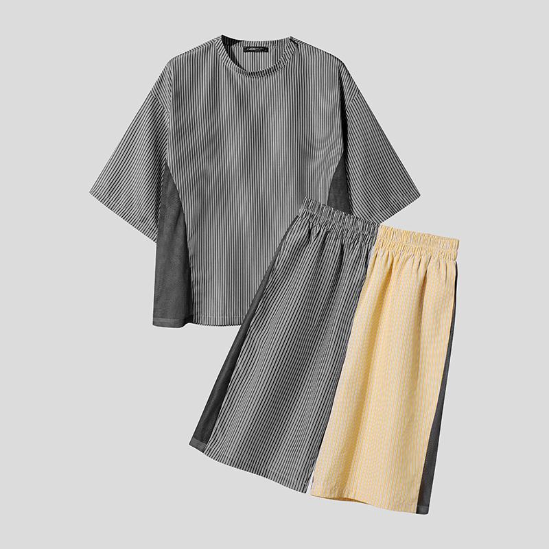 INCERUN Two Pieces Summer Men O Neck Striped Hollow Patchwork Short Sleeve Tops and Shorts Sets