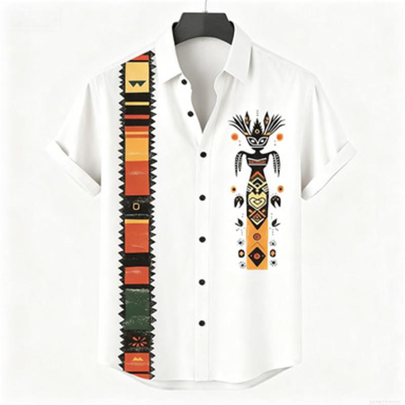 Men's Retro Style Casual Shirts Men's Tops with Tribal Prints, Short-sleeved Casual Beach Shirts, Hawaiian Style Shirts
