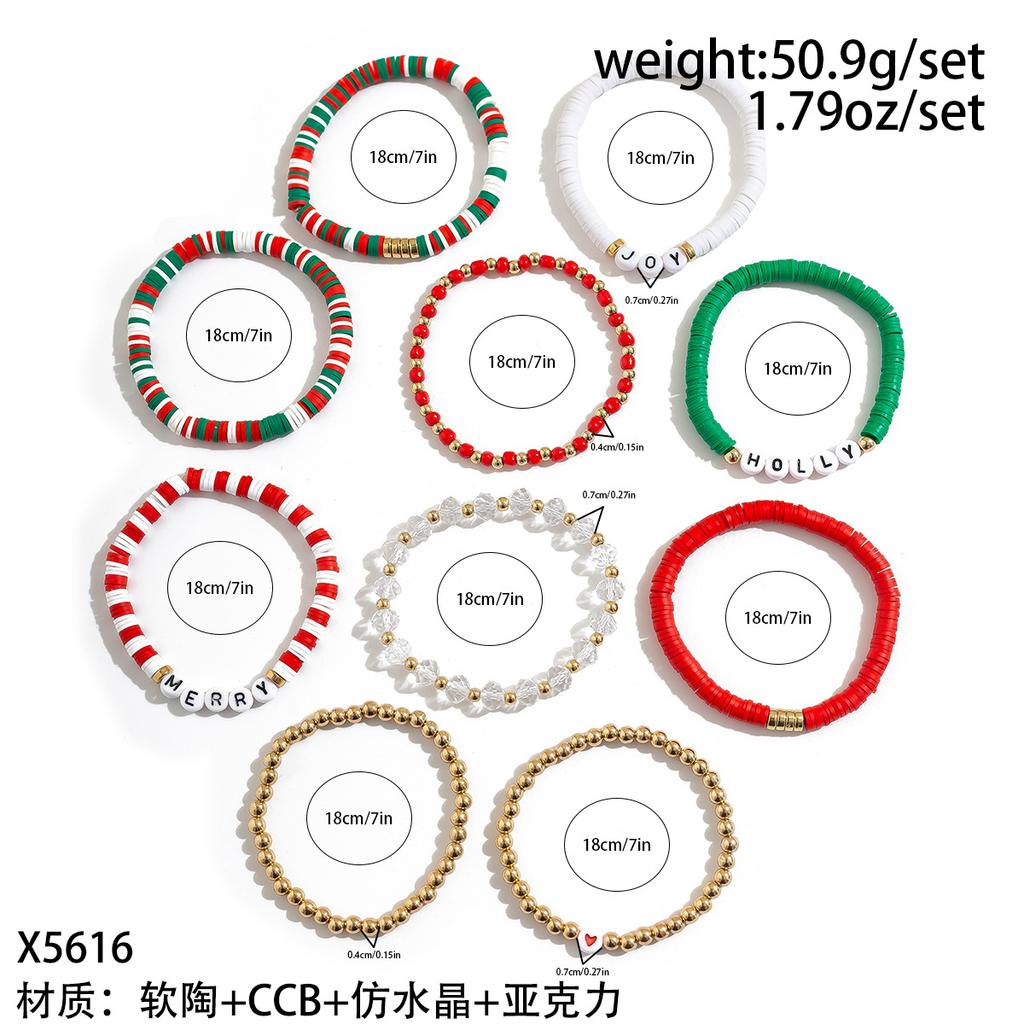 Christmas Soft Pottery Beaded Bracelet Set, Creative Holiday Gift Snowman Elk Alphabet Bracelet