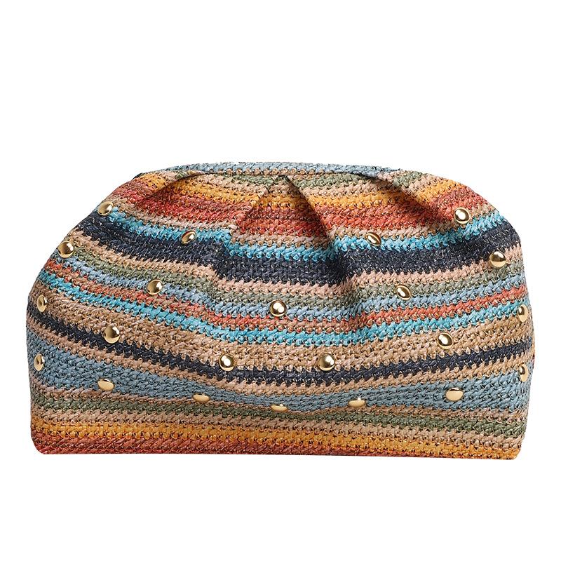 New trendy fashion contrasting colors rainbow woven bag summer bucket bag tote bag premium shoulder messenger bag разноцветный