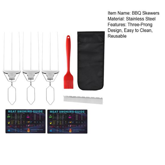3-Prong BBQ Skewers Set Stainless Steel Grill Skewers with Push Slider Bar Dishwasher Safe Three-Prong Kabob Sticks for Meat Veggies Shrimp
