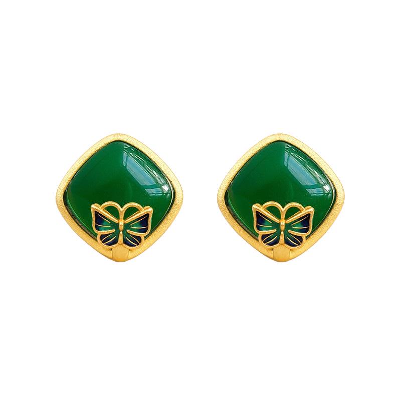 Gold-Plated Earrings with Silver Pins, Jade-Style Butterfly, and Sugar Square Inlay - Elegant, New Chinese Style.