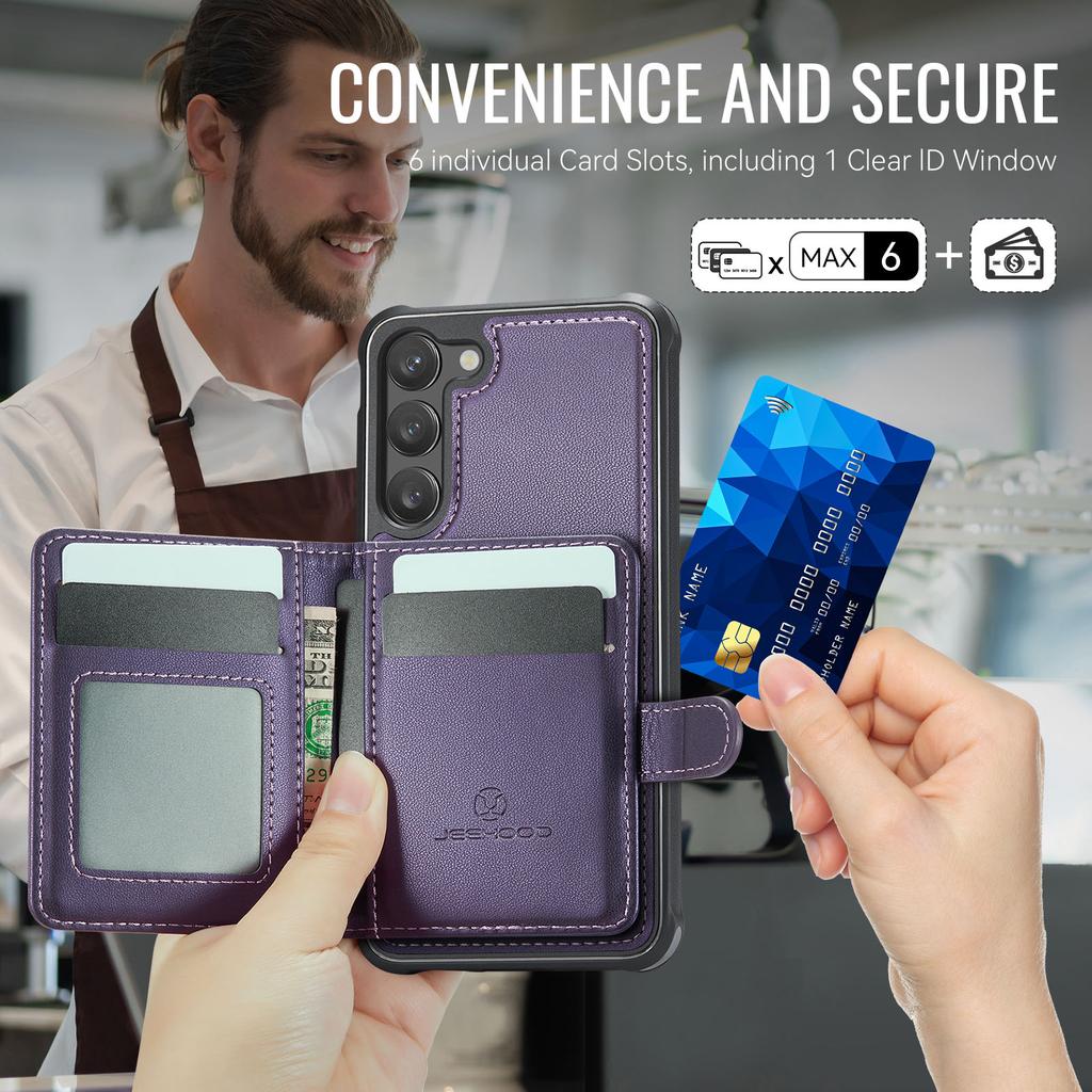 For Samsung Galaxy S23+ Case JEEHOOD J09 RFID Blocking Card Holder Leather Back Phone Cover Magnetic Case