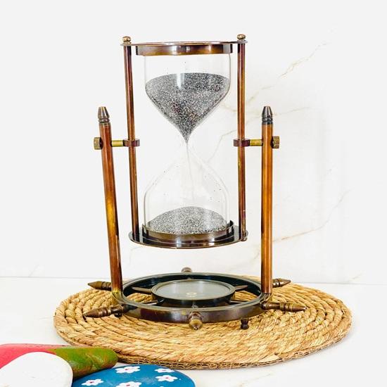 17.78 Cm Brass Hourglass Sand Timer with Compass Wheel Office Decor Gift