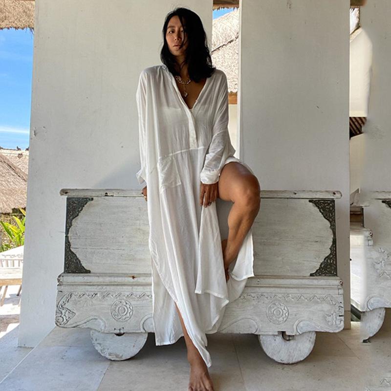 European & American Style Cotton Pocket Long Beach Cover-Up Dress