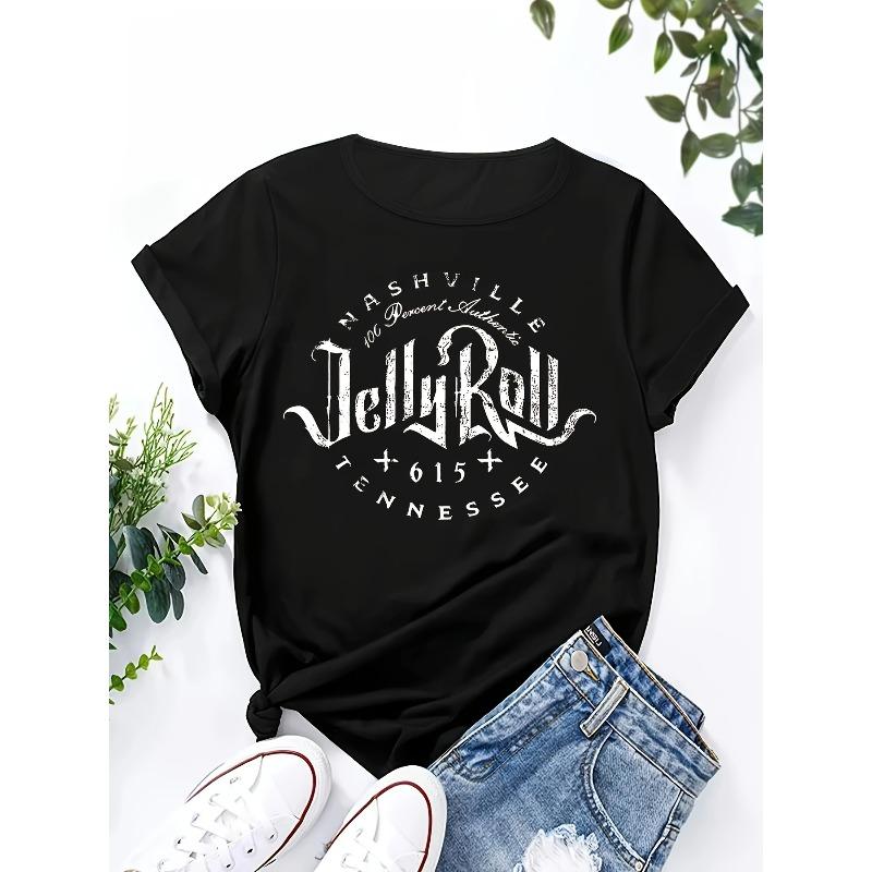 

Women Plus Size Nashville Jelly Roll Graphic T-Shirt Crew Neck Short Sleeve Summer Casual Tee 4XL чорний