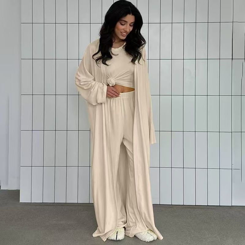 

Западный стиль Мода Свободный Повседневный Топ Длинные Брюки Халат Модный Комплект из Трех Вещей Apricot L