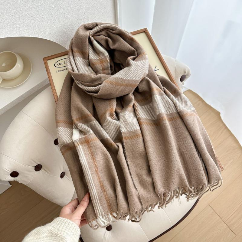 Autumn and Winter Warm White Scarf Women's Thickened Atmosphere Scarf Student Imitation Cashmere Plaid Fringed Shawl