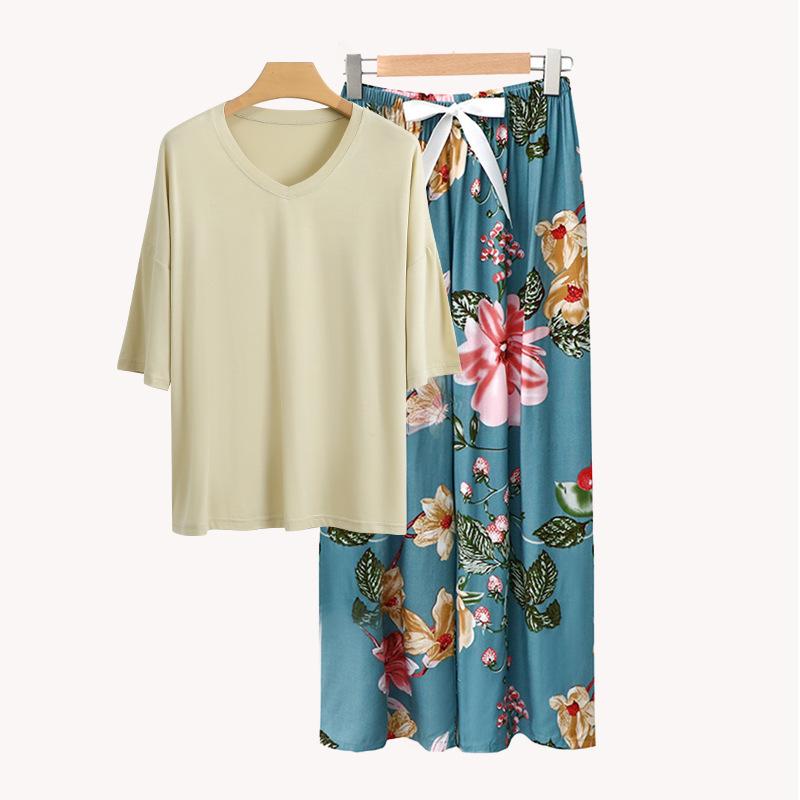 Sommer Damen Pyjama Sets Modal Kurzarm T-Shirts und Weitbein Hosen Heiß Lässig Homewear 2-teiliges Anzug Damen Nachtwäsche