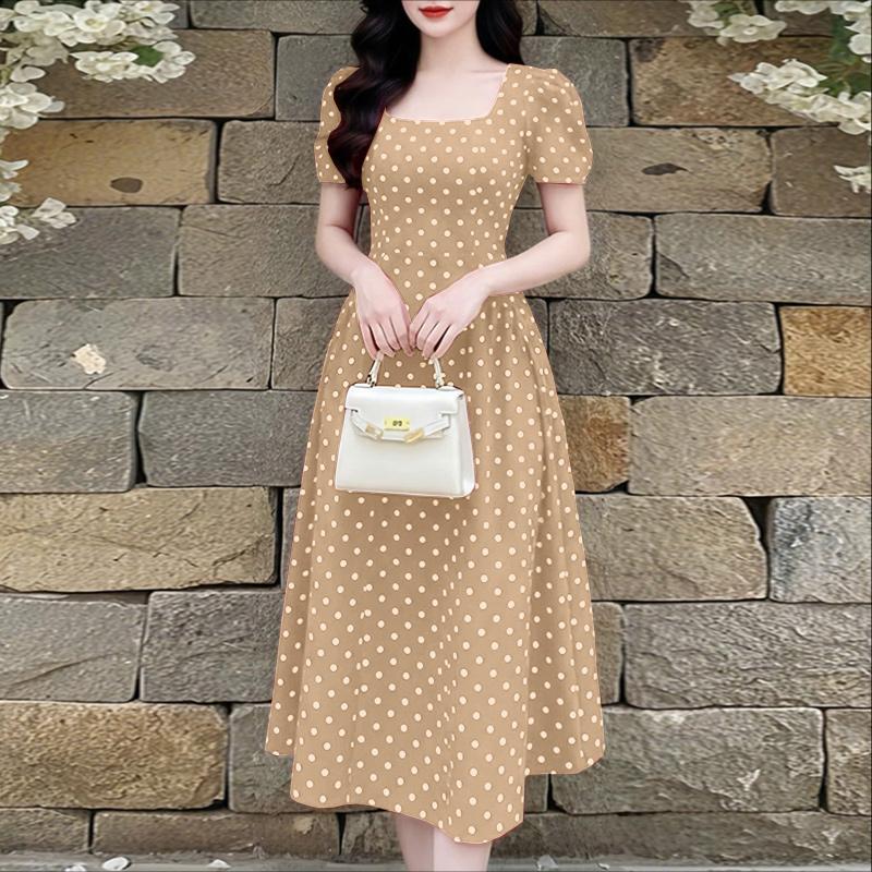 

ZANZEA Women Square Collar Casual Short Sleeve Elegant Polka Dot Dress 2XL