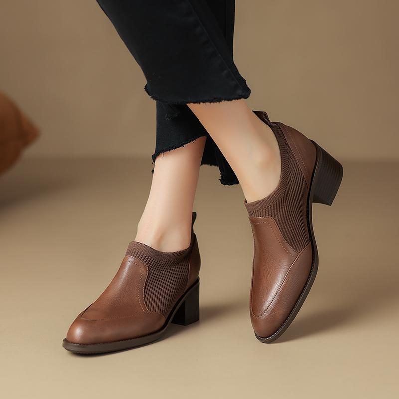 2024 New Genuine Leather Top Quality Retro Shoes Woman Spring Slip On Dress Black Round Toe Ladies Loafers High Heel Shoes