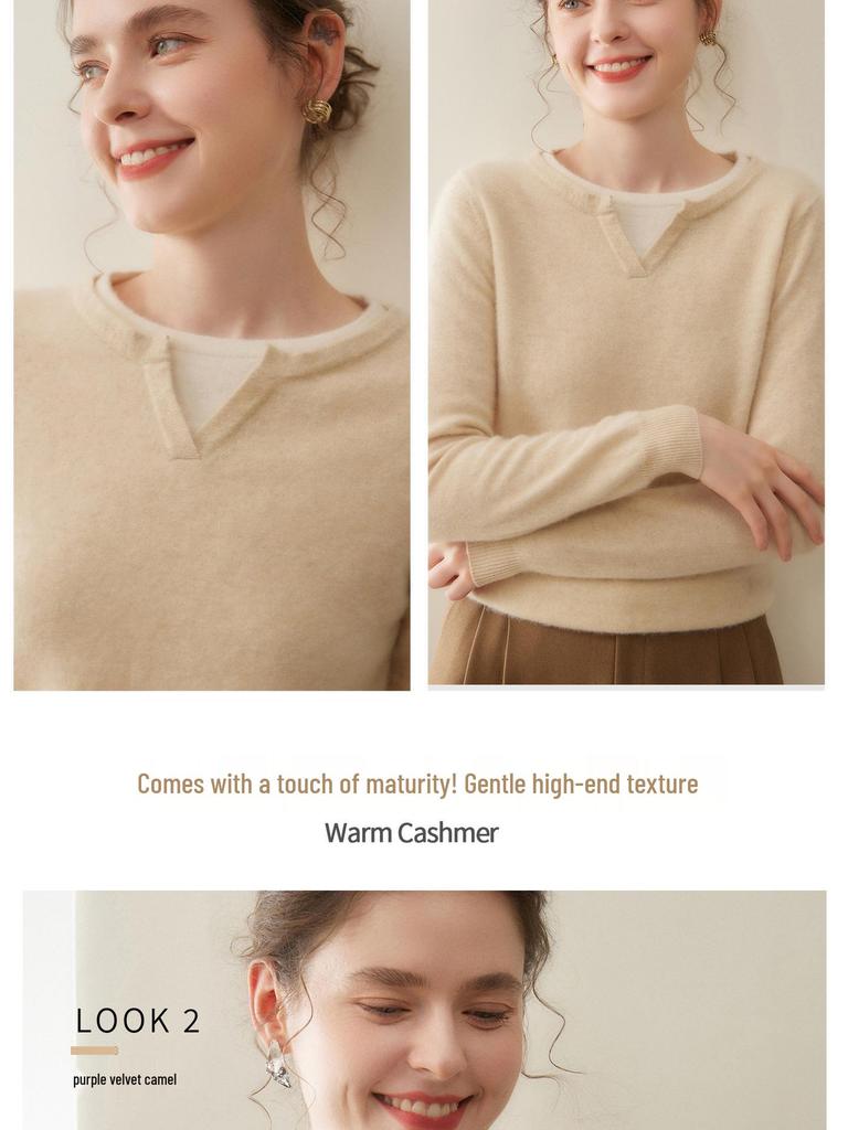 Women's Fashion Cashmere Knit Henley Neck Two-Piece Pullover - Versatile Autumn/Winter Solid Color Base Layer