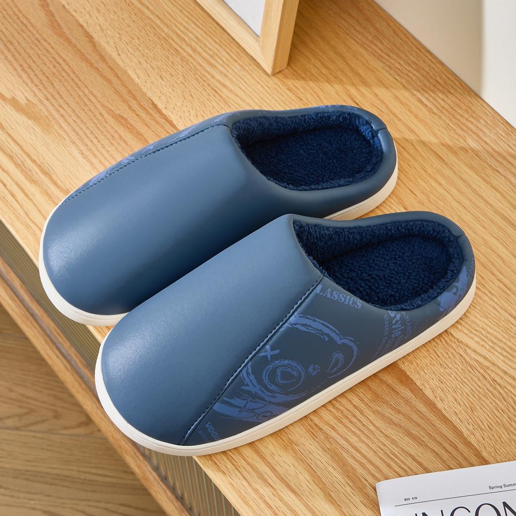 Leather waterproof cotton slippers autumn and winter indoor home non-slip bottom velvet warm couple antibacterial cotton mop