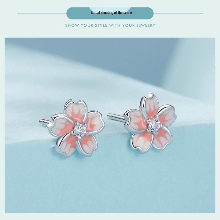 Yin Ziyun Cherry Blossom Pink Gradient Sterling Silver Earrings - Romantic Floral Birthday Gift