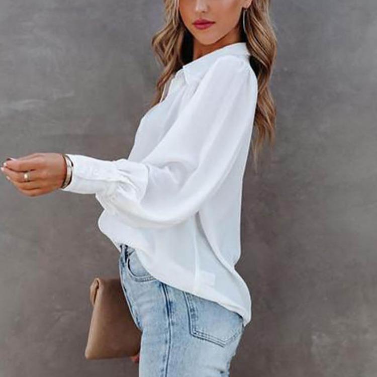 Women Loose Solid Color Button Down Shirt with Pleated Lantern Sleeves