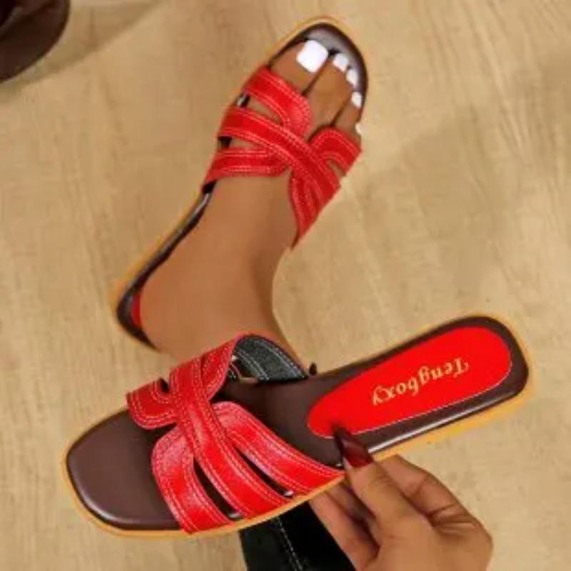 

Летние Новые Женские Шлепанцы 2026, Простые Женские Сандалии на Плоской Подошве с Круглым Носом, Модные и Универсальные, Открытые Шлепанцы для Женщин 35 красный