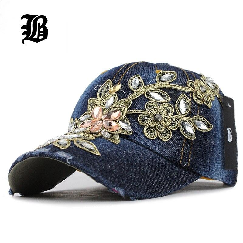 Flower Rhinestone Denim Baseball Cap 