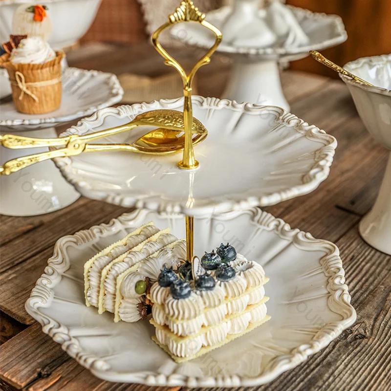 Light Luxury Relief Ceramic Tray Afternoon Tea Dessert Fruit Multi Layer High Footed Dining Plate Exquisite Household Tableware