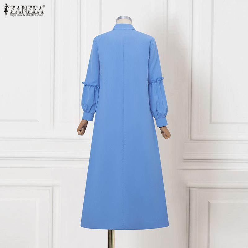 ZANZEA Women Casual Turn Down Collar Loose Long Sleeve Muslim Dress