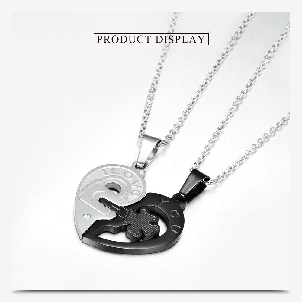 Qixi Valentine's Day Couple Heart Key Patchwork Black & White Matching Necklace